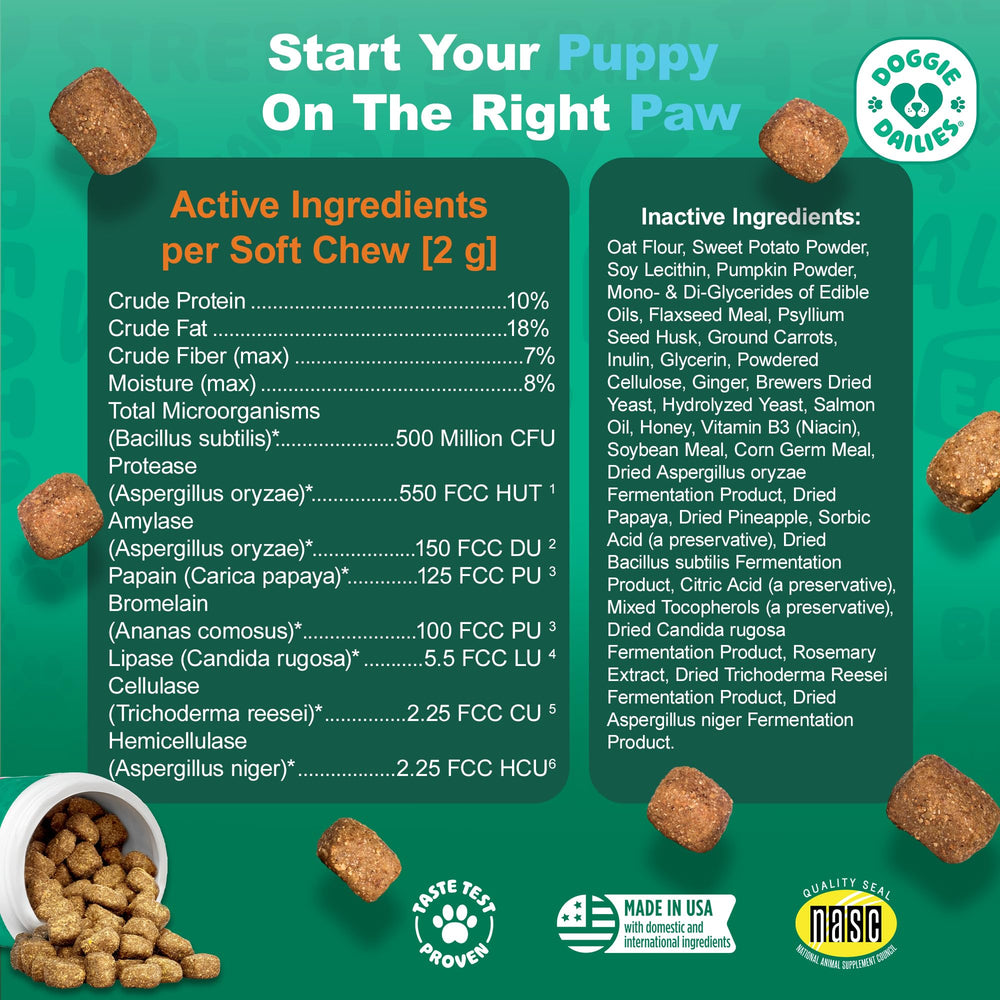 Doggie Dailies Puppy Probiotic pumpkin chews close up; soft chews designed for easy feeding.