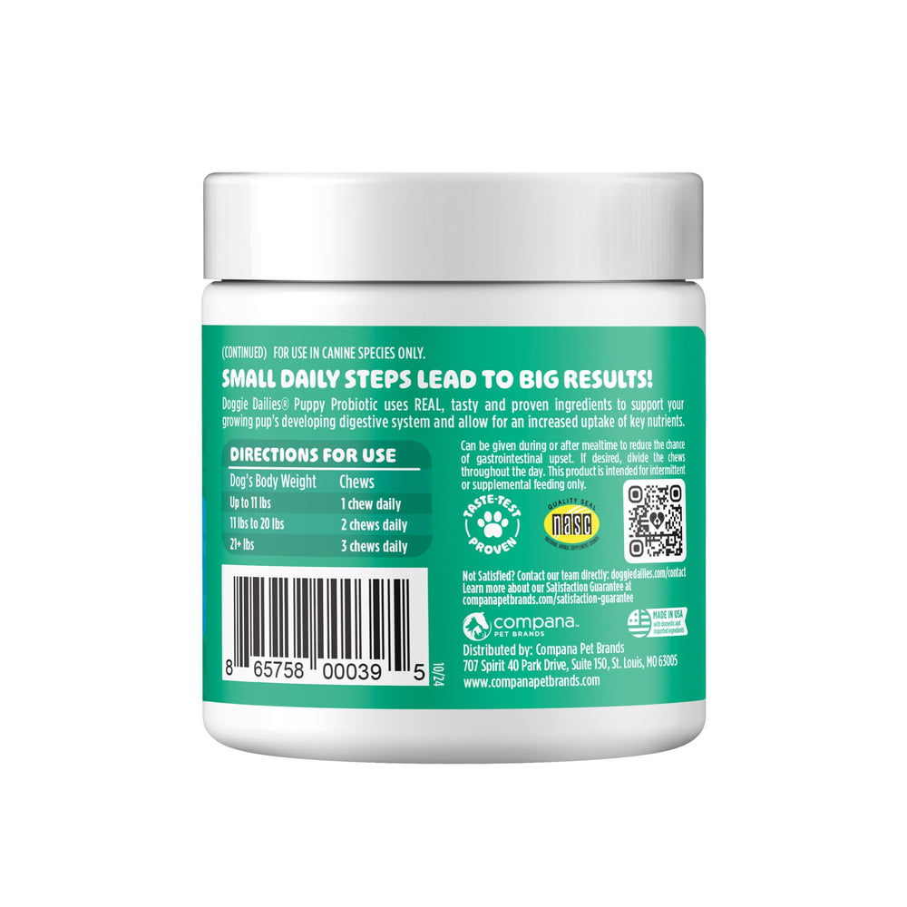 Doggie Dailies Puppy Probiotic pumpkin chews nightly routine; easy daily addition for puppies.