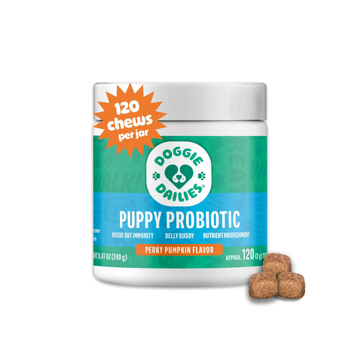 Doggie Dailies Puppy Probiotic pumpkin chews pack shot; tasty daily treat supporting digestion.