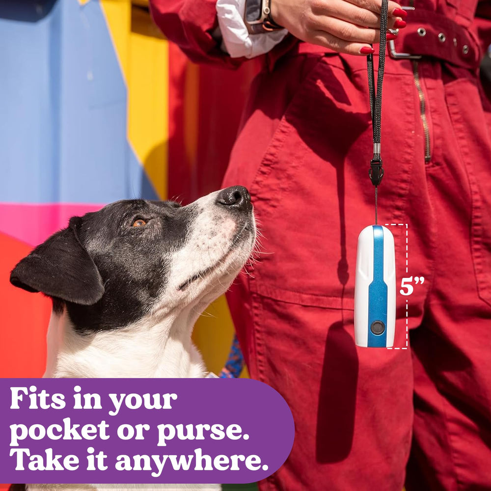 Doggie Don’t compact device fits purse or pocket for everyday use.