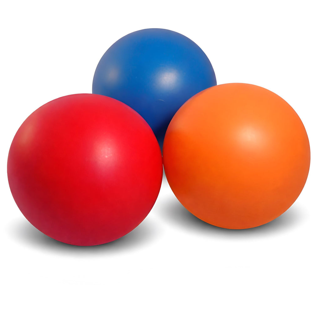 Doggie Dooley 14-inch ball front view highlights durable push-play design for large dogs