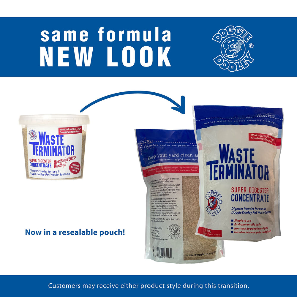 Doggie Dooley Waste Terminator powder in-ground unit use emphasizes odor control and waste breakdown.