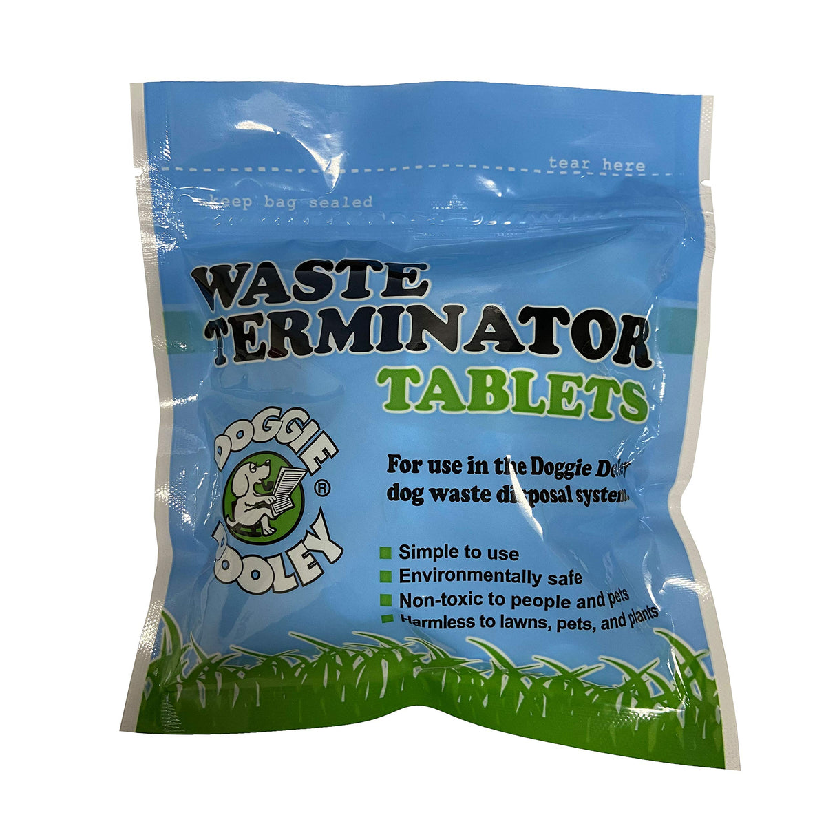 Doggie Dooley Waste Terminator tablets in resealable pouch for easy weekly waste breakdown in-ground systems.