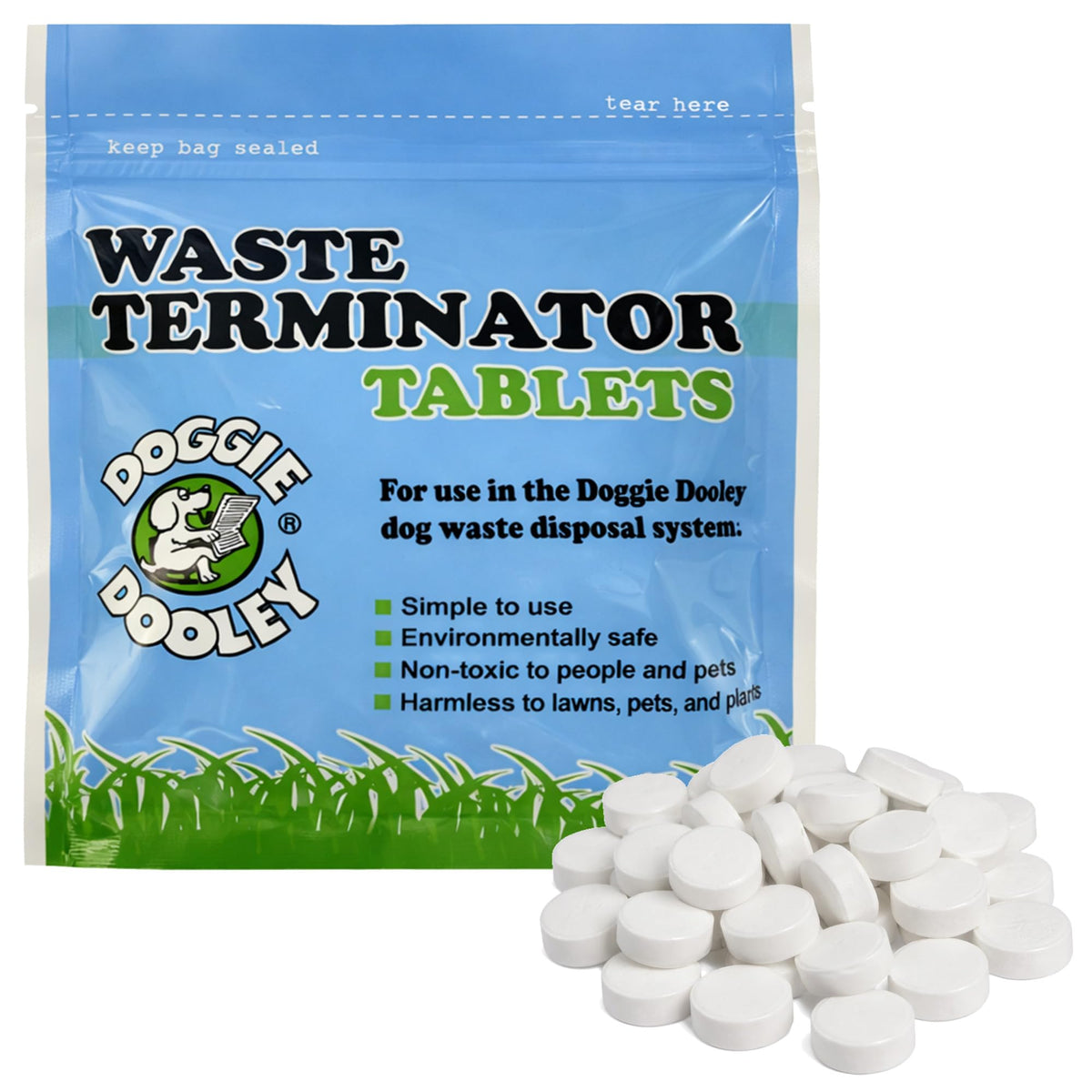Doggie Dooley Waste Terminator Tablets for in-ground disposal, supporting waste breakdown in yards.