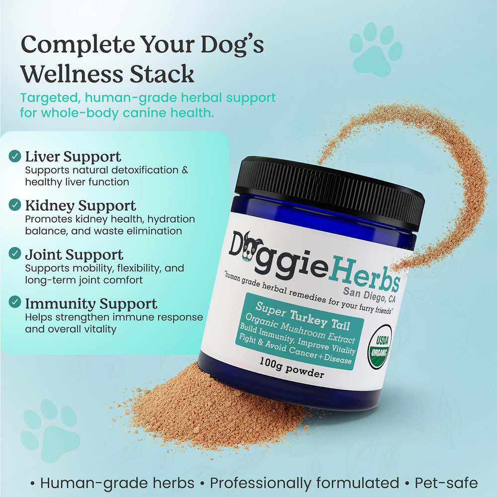 Label highlights 55% beta-glucans on Doggie Herbs Turkey Tail extract