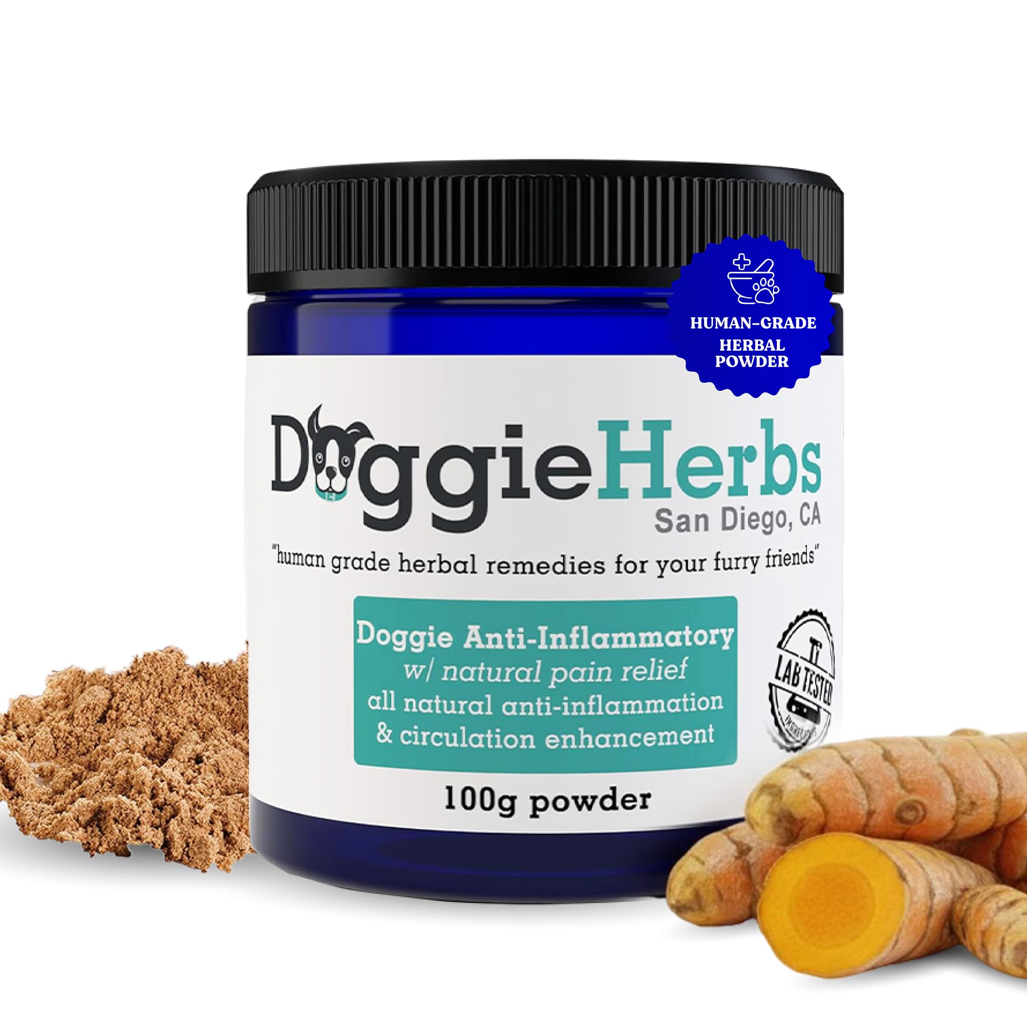 Doggie Herbs natural anti-inflammatory packaging with clear branding for quick recognition.
