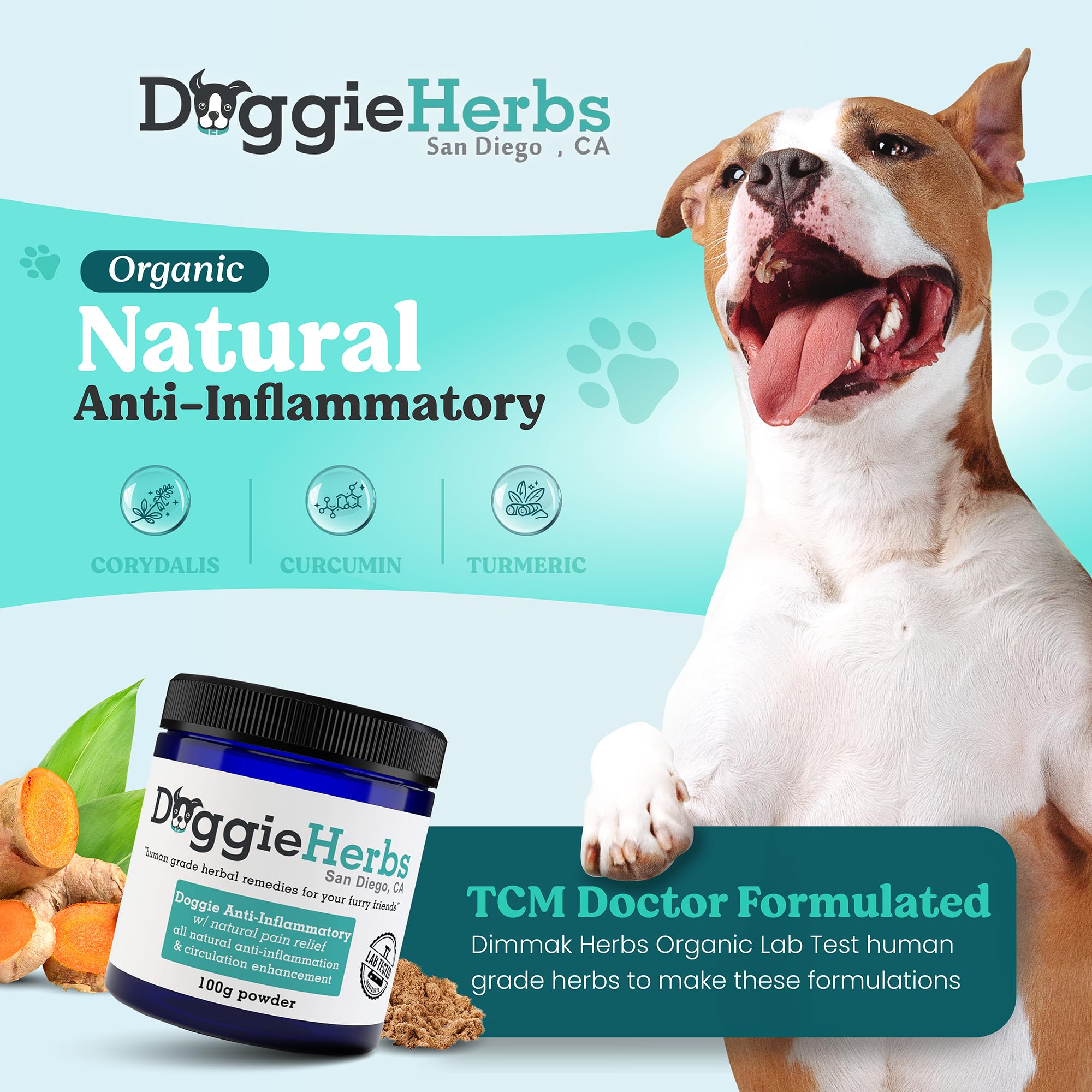 Doggie Herbs powder dispensing into food for fast mixing.