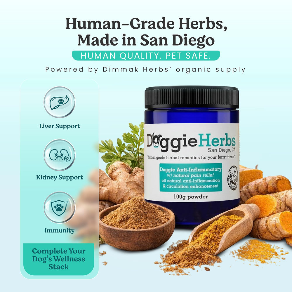 Doggie Herbs product label close-up highlighting purity and ingredients.