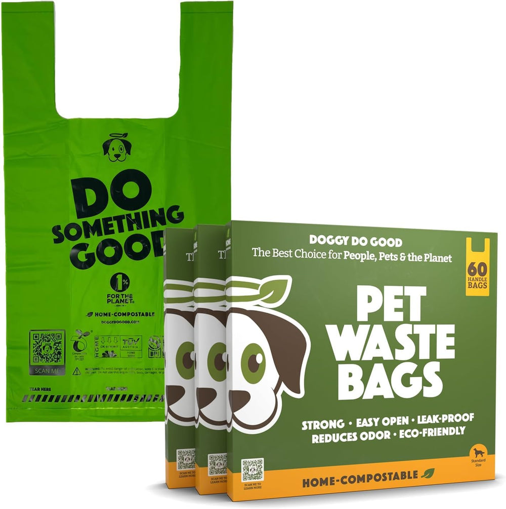 Doggy Do Good landfill-friendly poop bags in box showcase, ready for regular yard cleanups.