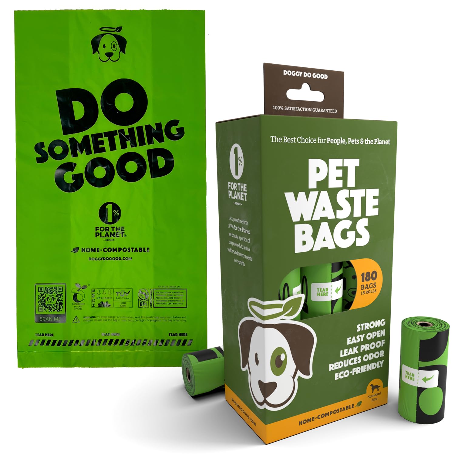 Doggy Do Good landfill-friendly poop bags roll for quick on-the-go disposal.