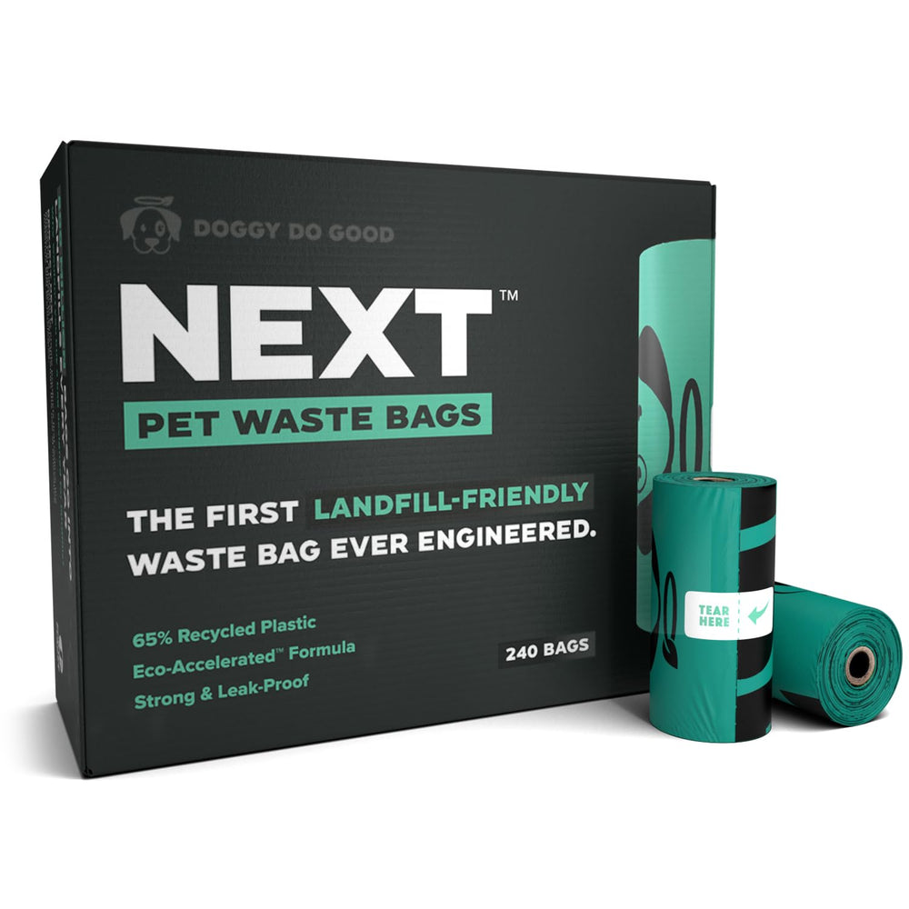 Doggy Do Good Next Pet Waste Bags in action for easy poop cleanup.