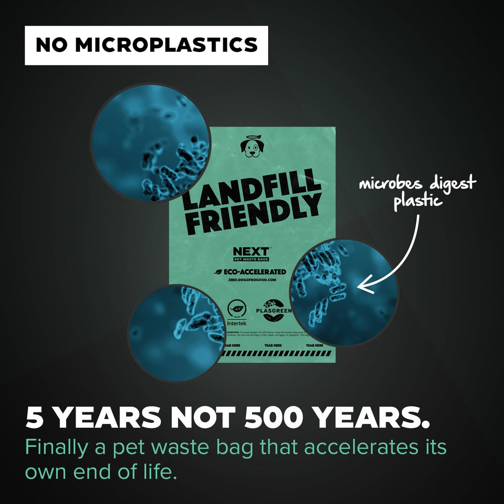 Doggy Do Good Next Waste Bags use 65% recycled plastic, reducing waste.