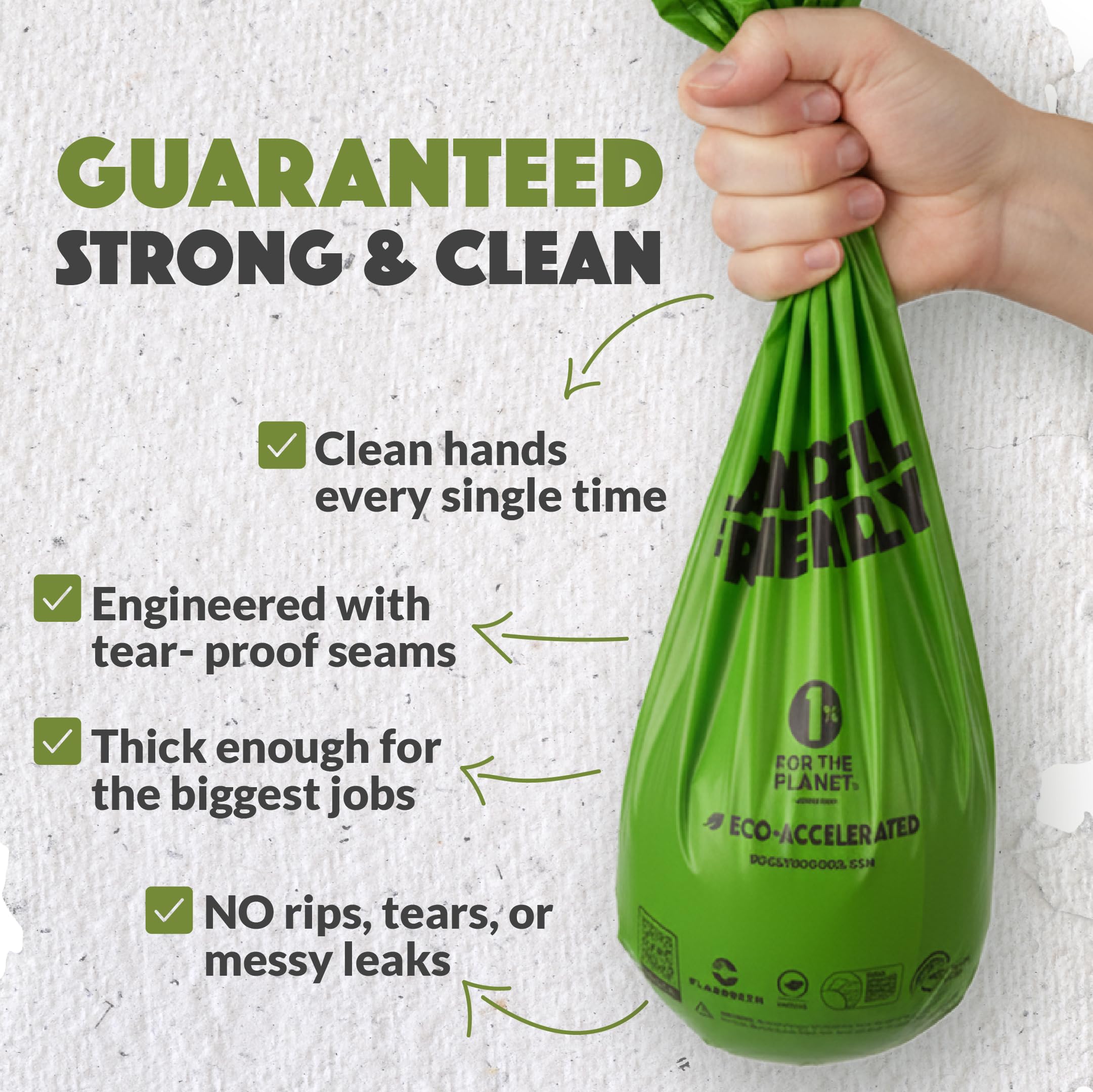 Post-consumer recycled plastic plus renewable starches for eco performance.