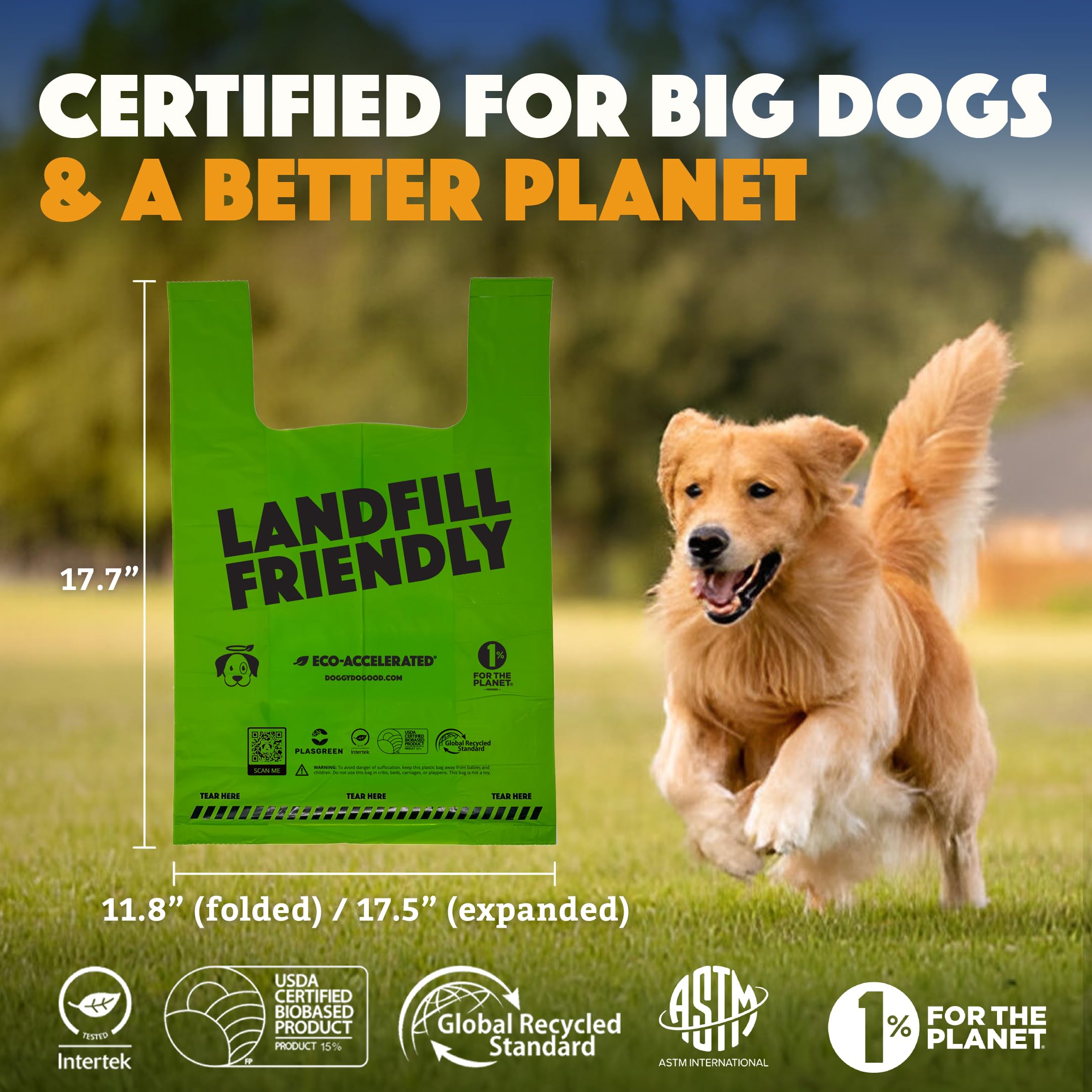 Wide, long design with easy-tie handles for secure disposal.