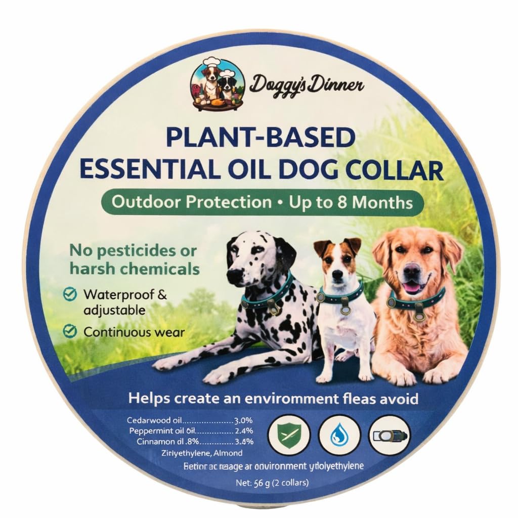 Doggy's Dinner essential oil collar close-up highlighting plant-based formula for outdoor use.