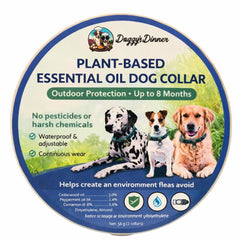 Doggy's Dinner essential oil collar close-up highlighting plant-based formula for outdoor use.