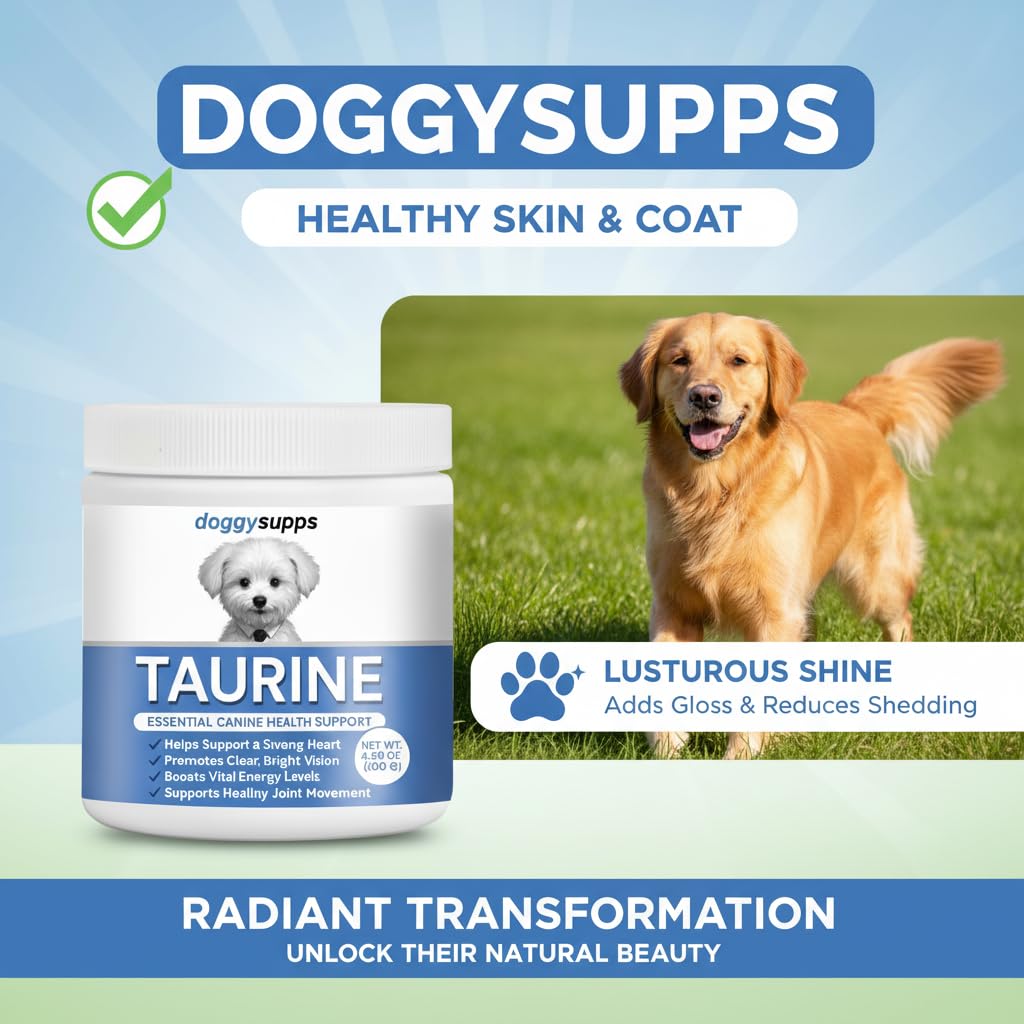 DoggySupps Taurine powder scoop over kibble promoting daily wellness.