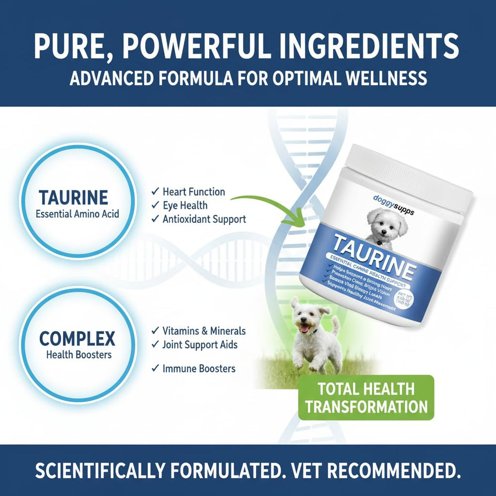 DoggySupps Taurine on kitchen counter ready to mix.