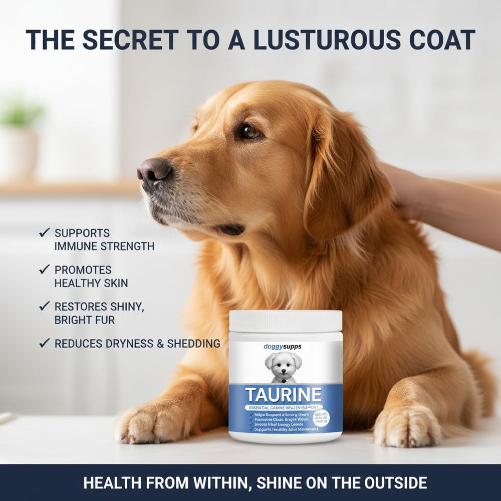 DoggySupps Taurine packaging label emphasizes purity and safety.