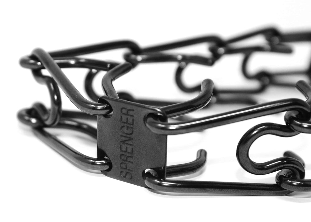 Dogline black German stainless steel collar highlighting rust resistance.
