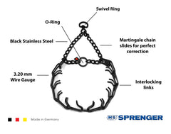 Dogline prong collar close-up showing blunt prongs for even pressure.
