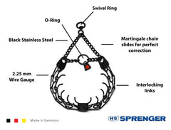 Dogline prong collar with removable links showing adjustable fit for multiple neck sizes.