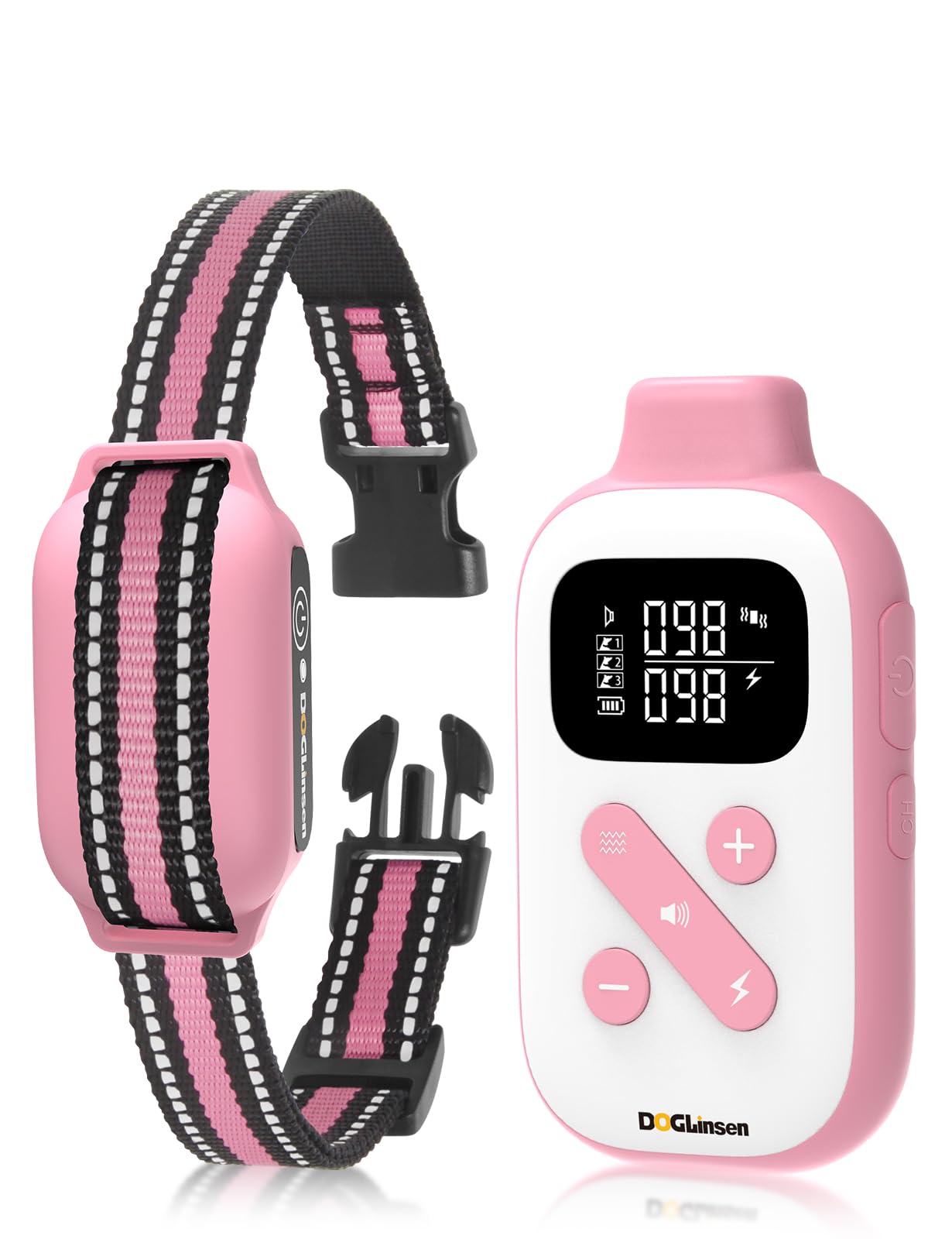 DOGLinsen 2in1 bark collar closeup showing slim pink unit for versatile training