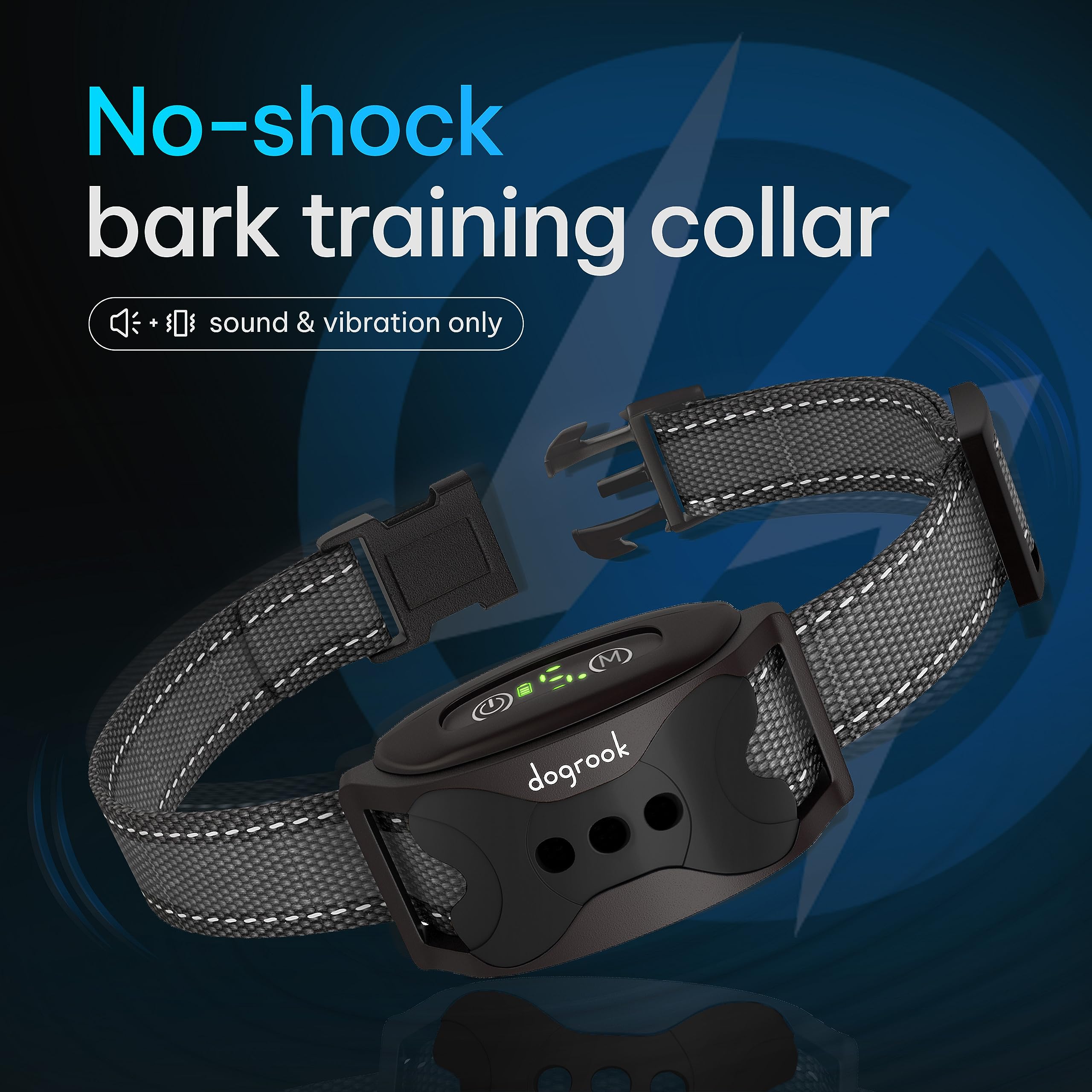 DogRook bark collar size chart demonstrating adjustable fit for various dogs.