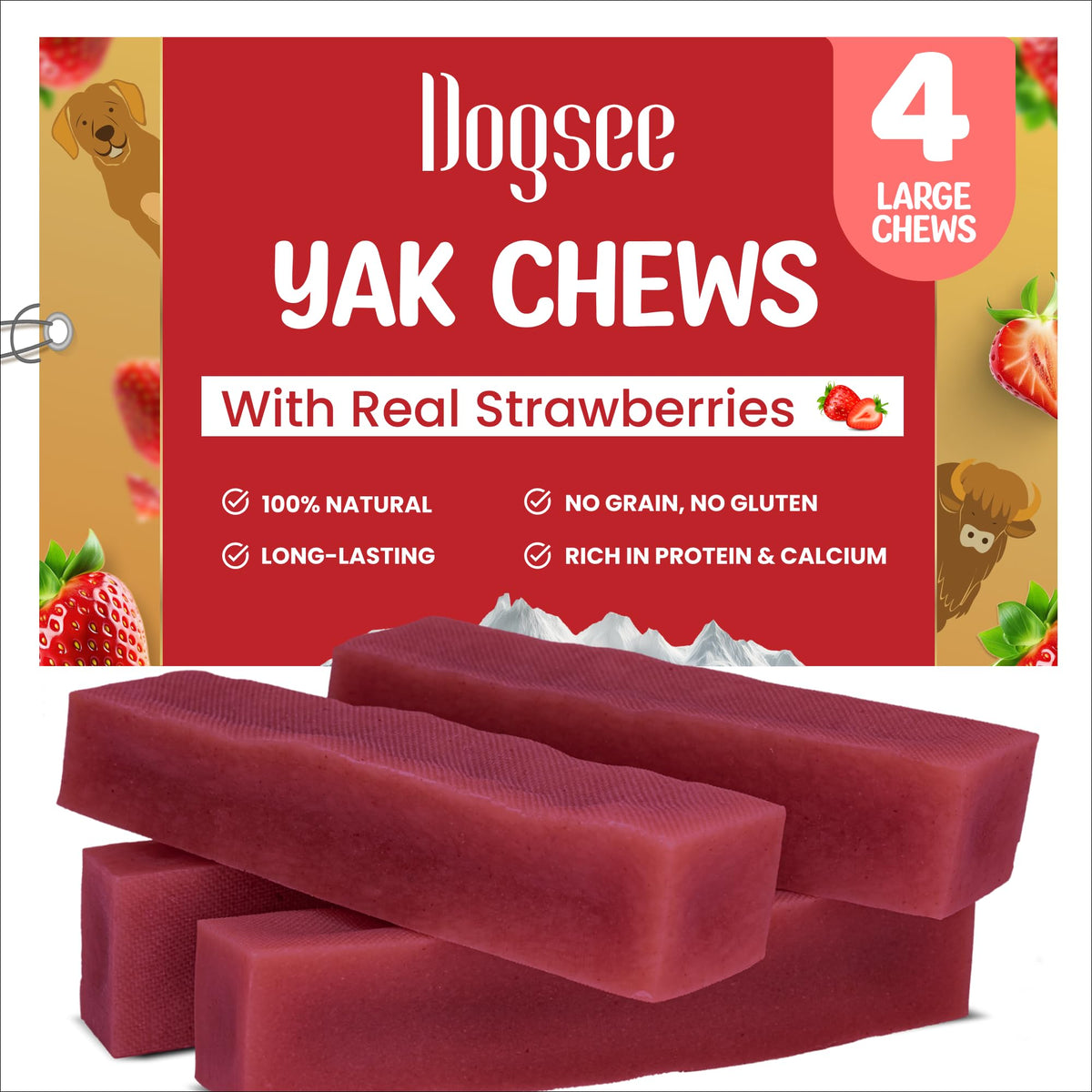 Dogsee Himalayan strawberry yak cheese chews with strawberry infusion for long-lasting entertainment