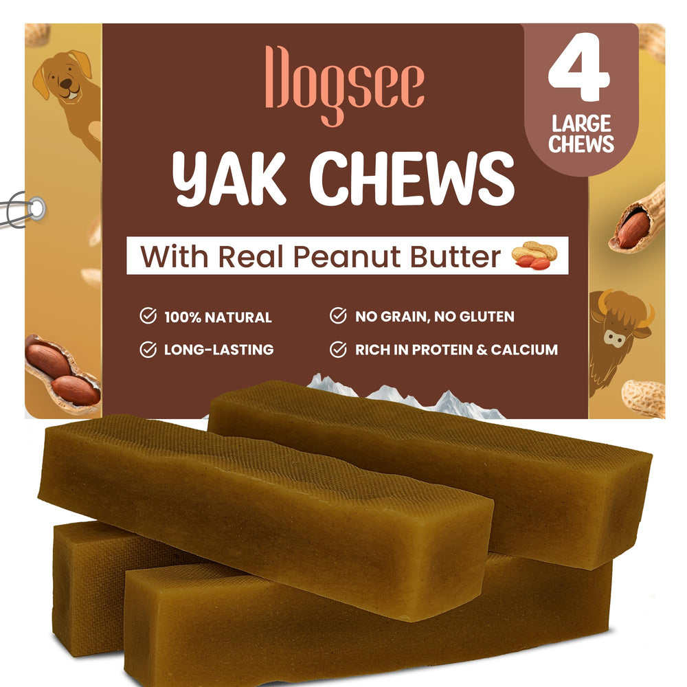 Dogsee Himalayan Yak Chew with Peanut Butter pack shot highlights a protein-rich treat for muscle maintenance.