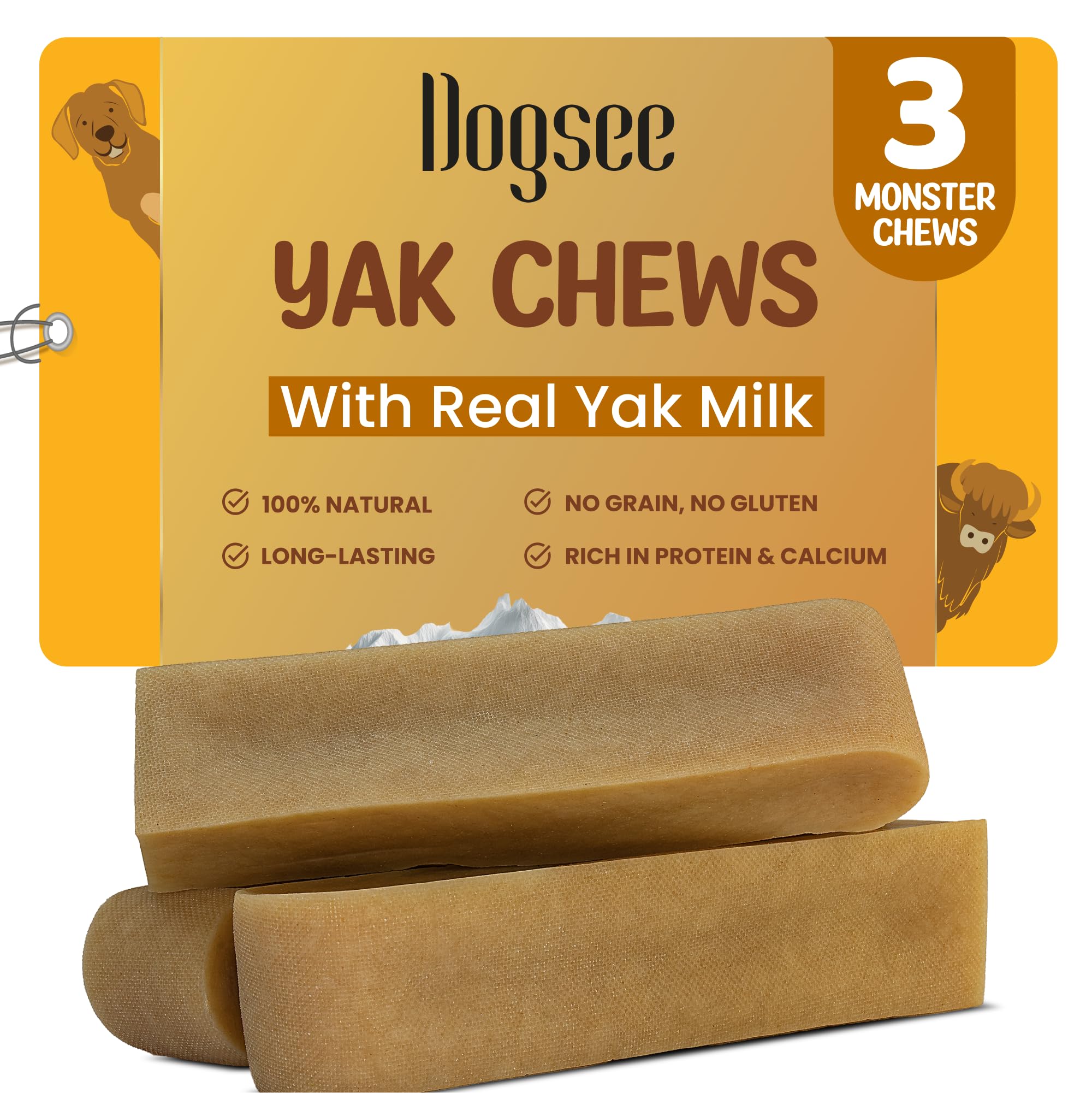 Dogsee Himalayan Yak Chews XL packaging shown as a natural long-lasting treat for large dogs.
