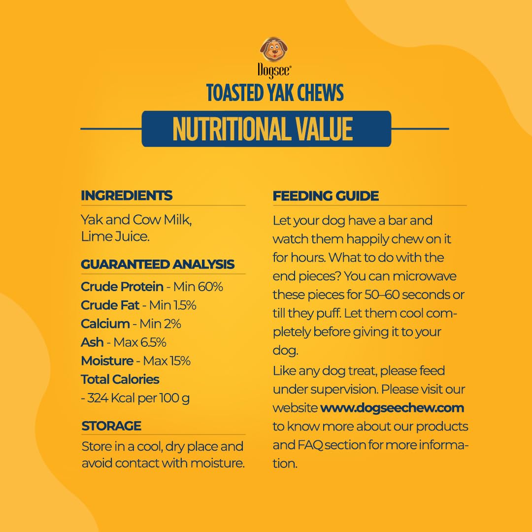 Dogsee Toasted Yak Chews protein calcium: supports active dogs' muscle and bone health.