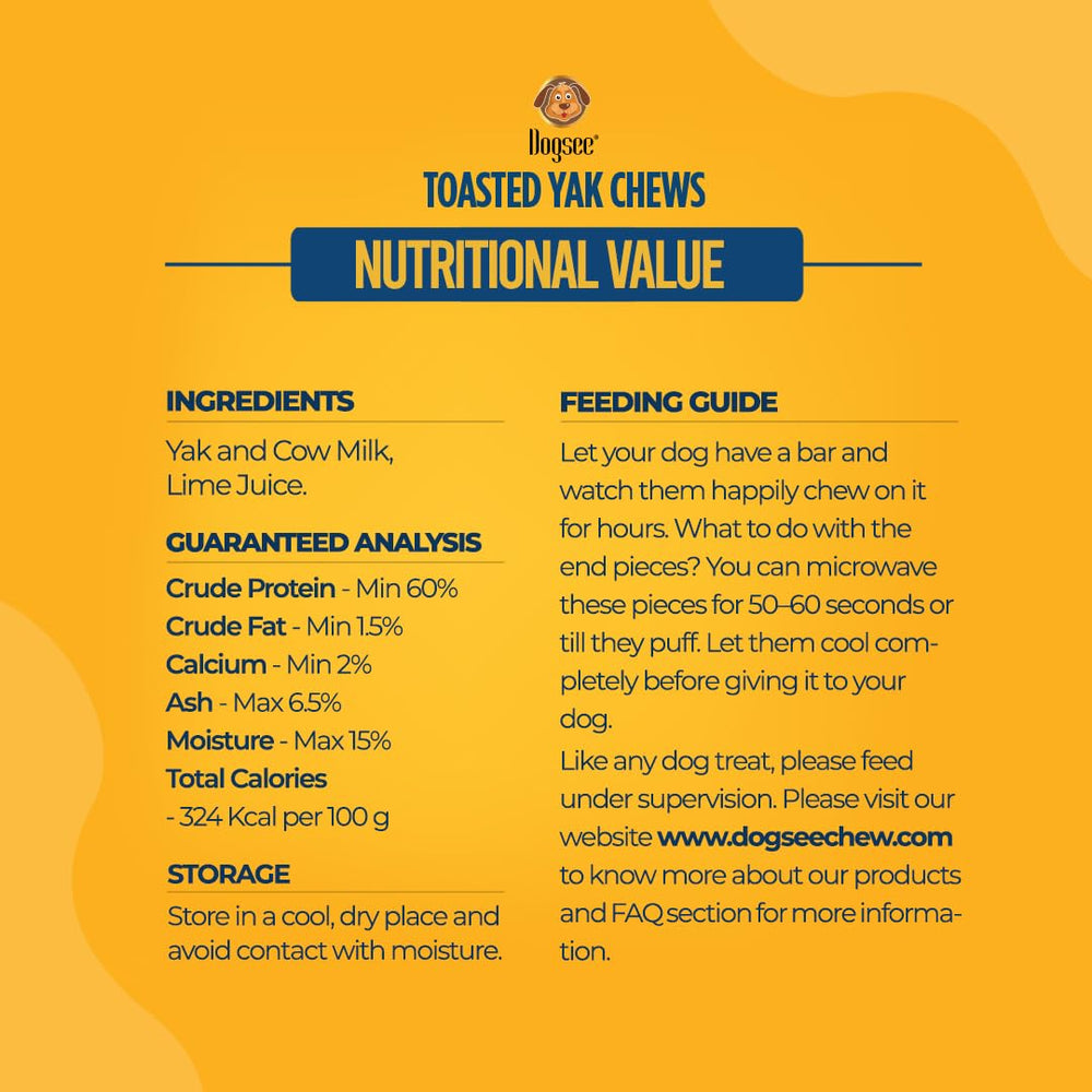 Dogsee Toasted Yak Chews protein calcium: supports active dogs' muscle and bone health.
