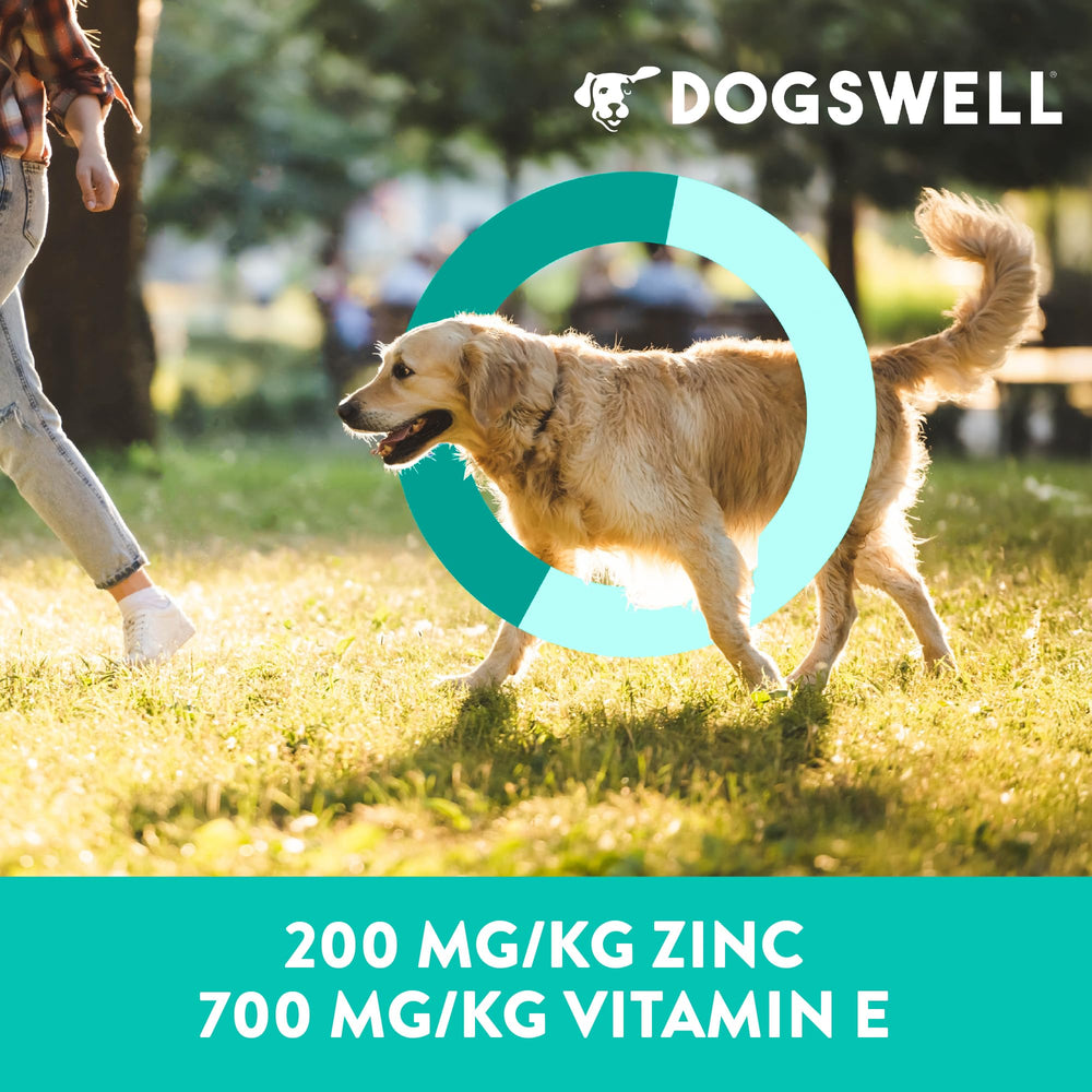Dogswell biotin and zinc support for skin and coat health.
