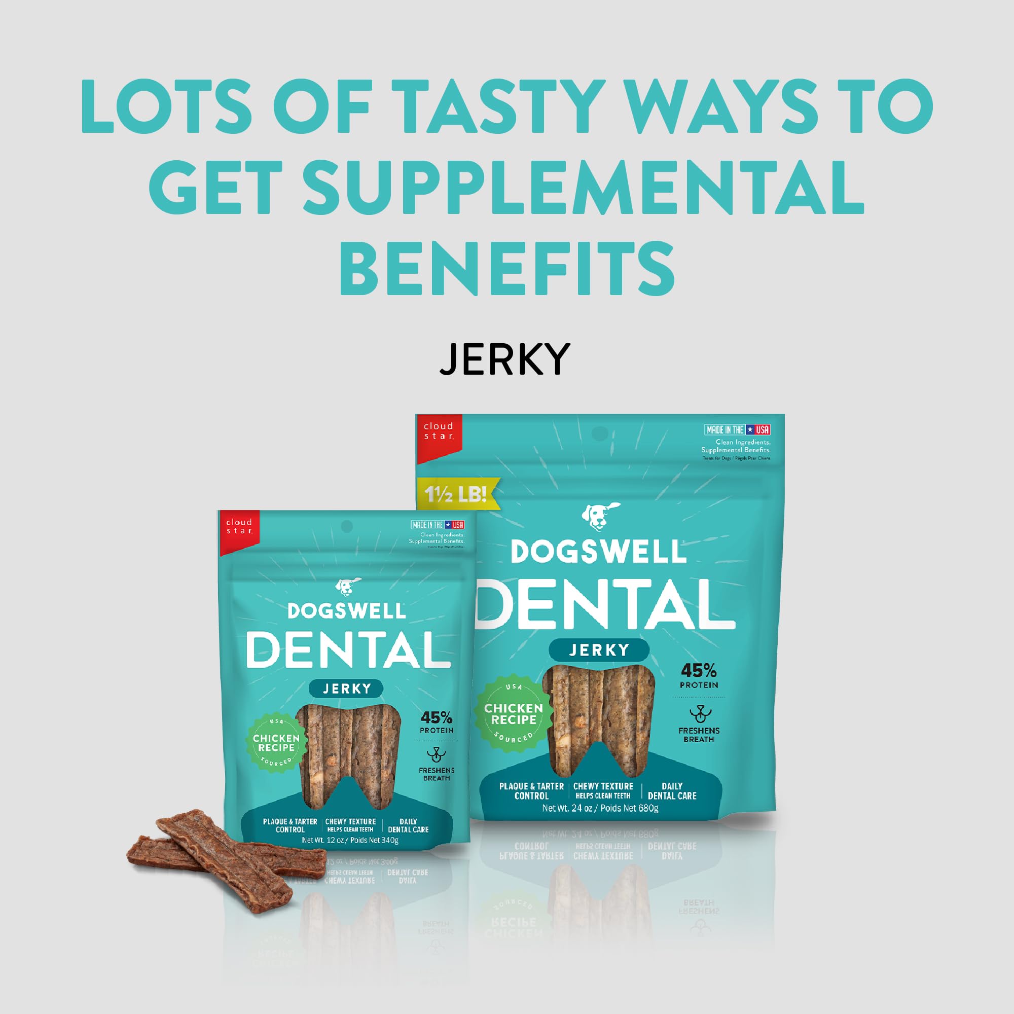 Dogswell Dental Chicken Jerky USA-made label signals high-quality ingredients.