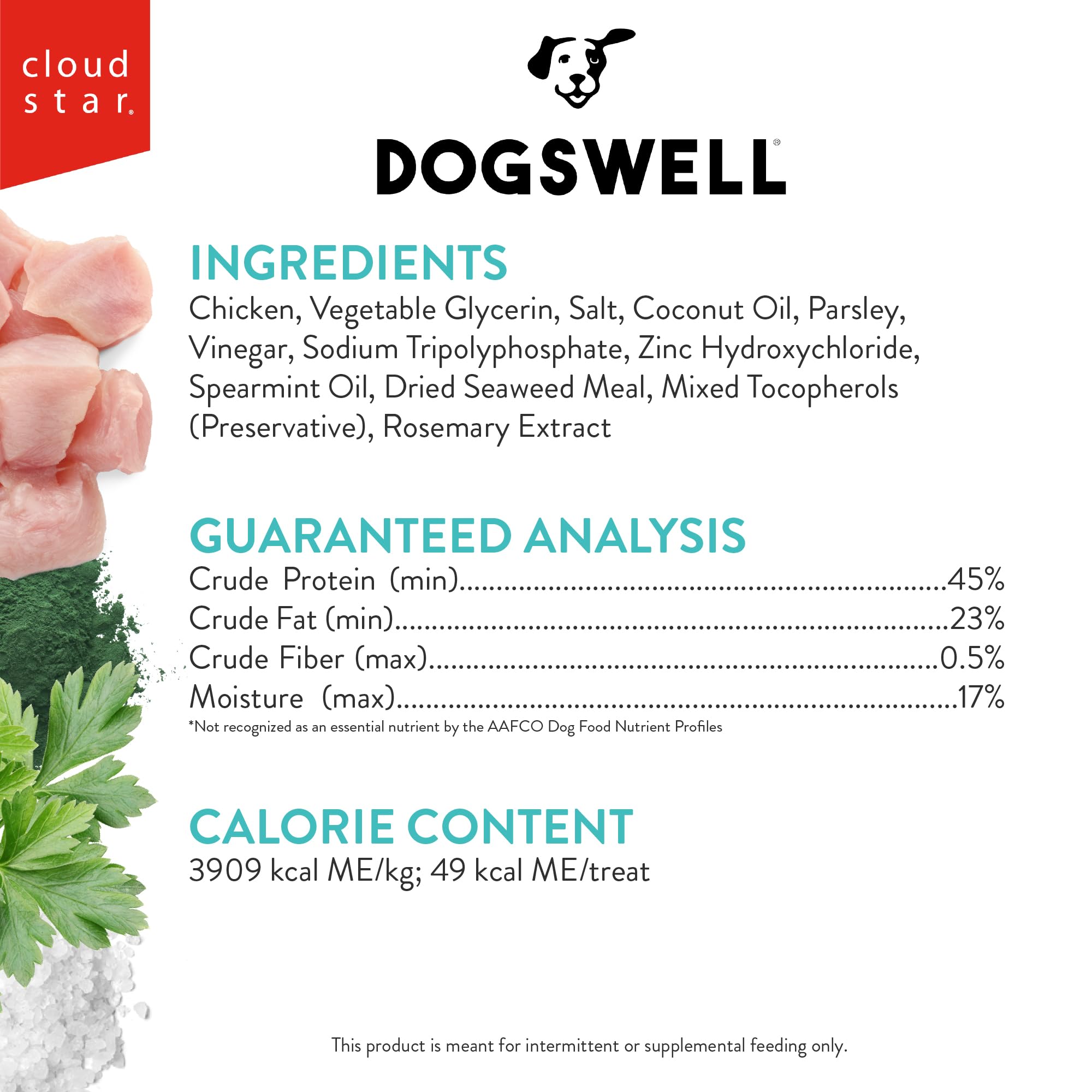 Dogswell Dental Chicken Jerky piece close-up shows chewy texture for teeth cleaning.