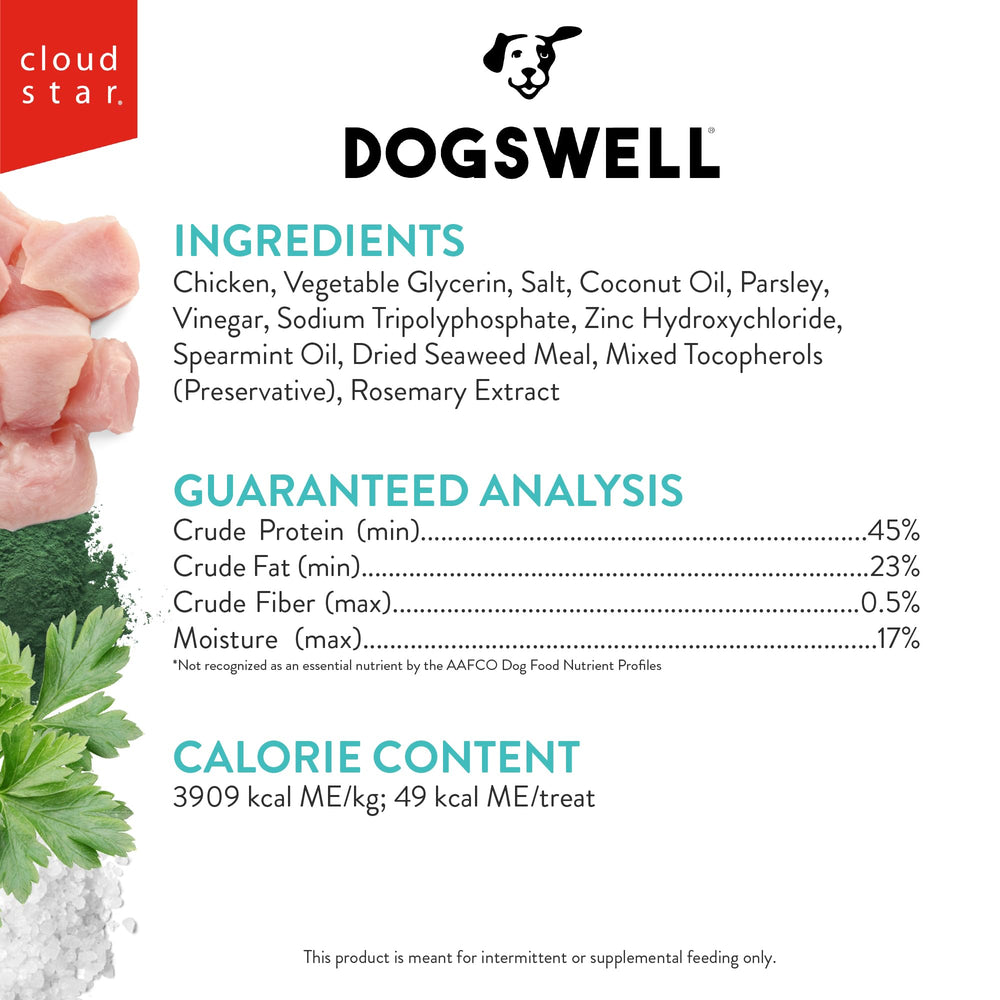 Dogswell Dental Chicken Jerky piece close-up shows chewy texture for teeth cleaning.