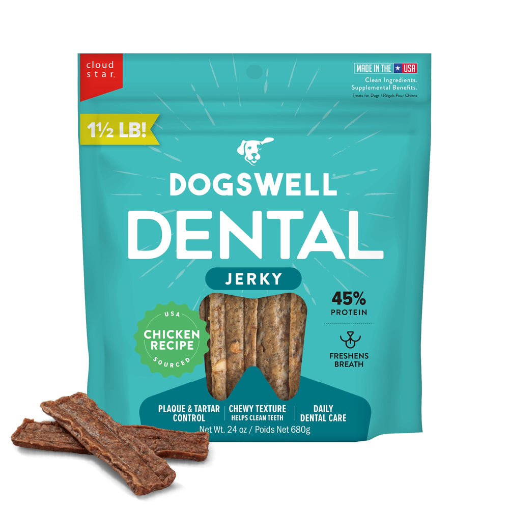 DogSwell Dental Jerky Chicken Bag promotes daily dental care for dogs.