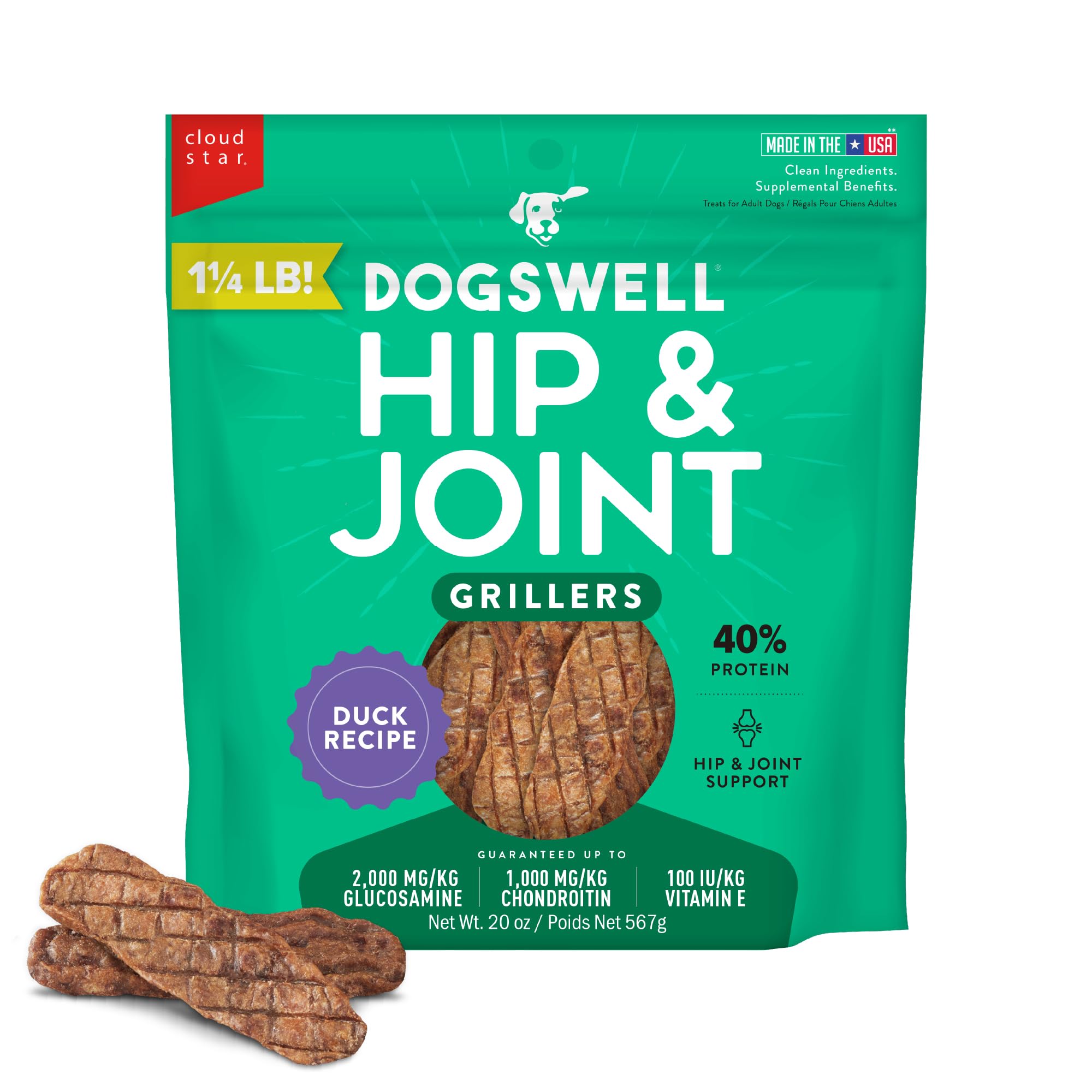 Dogswell Hip and Joint Grillers front pack showing protein-rich duck treats for mobility