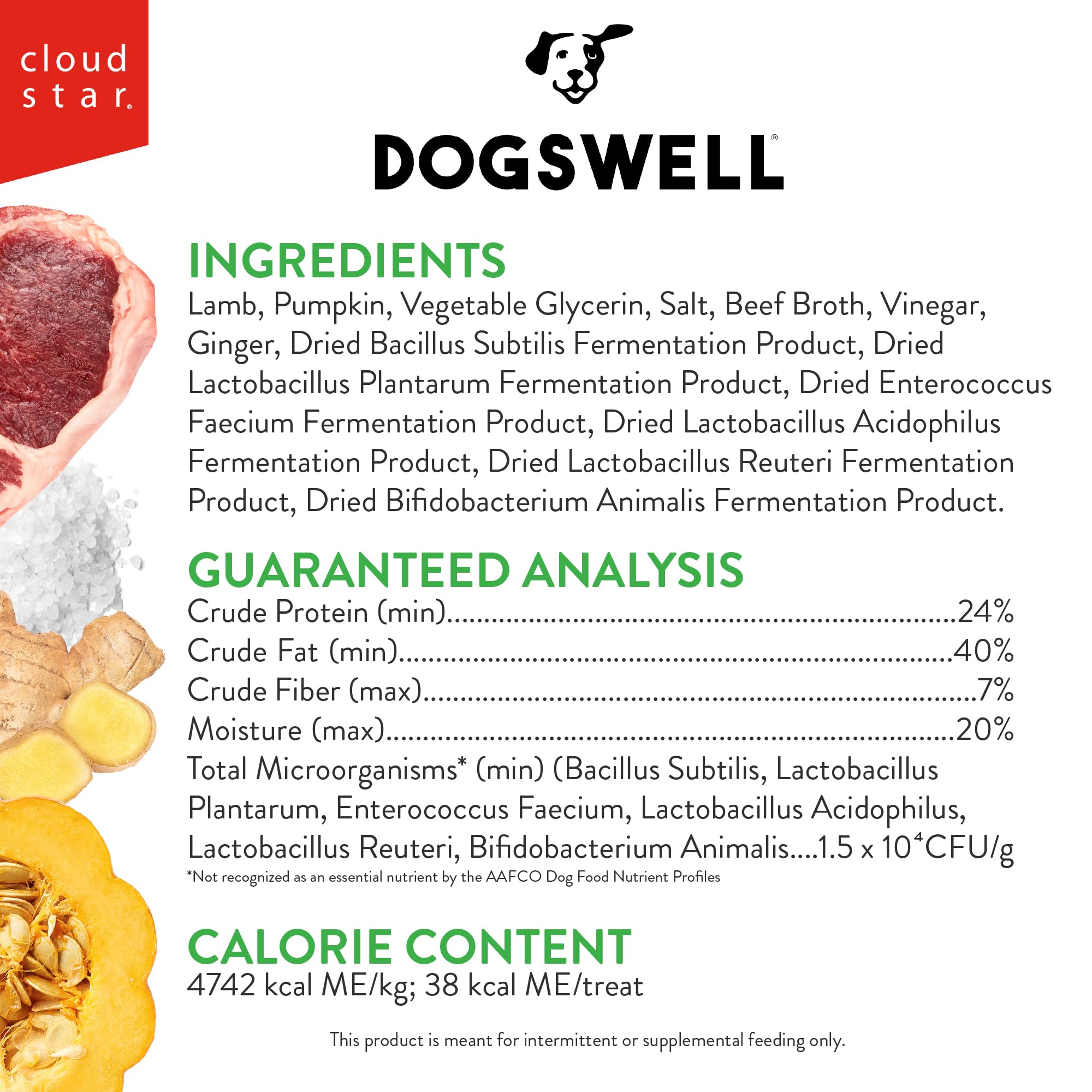 Closeup of Dogswell Lamb Mini Jerky ingredients and probiotics label