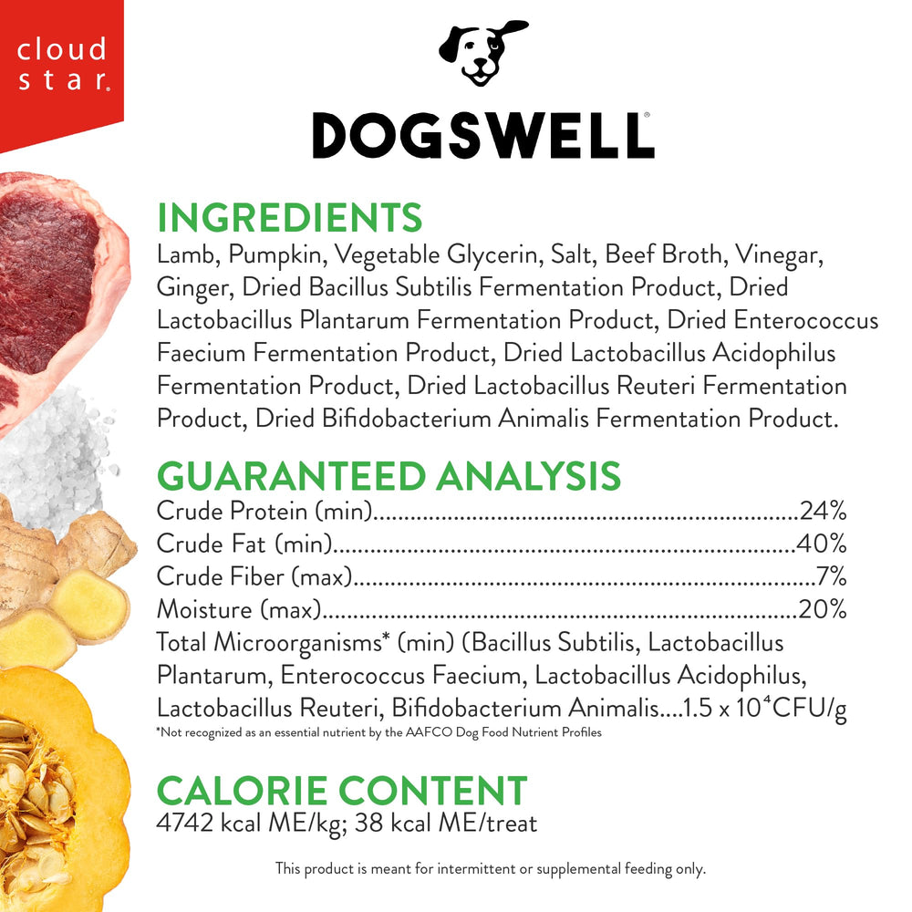 Closeup of Dogswell Lamb Mini Jerky ingredients and probiotics label