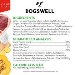 Closeup of Dogswell Lamb Mini Jerky ingredients and probiotics label