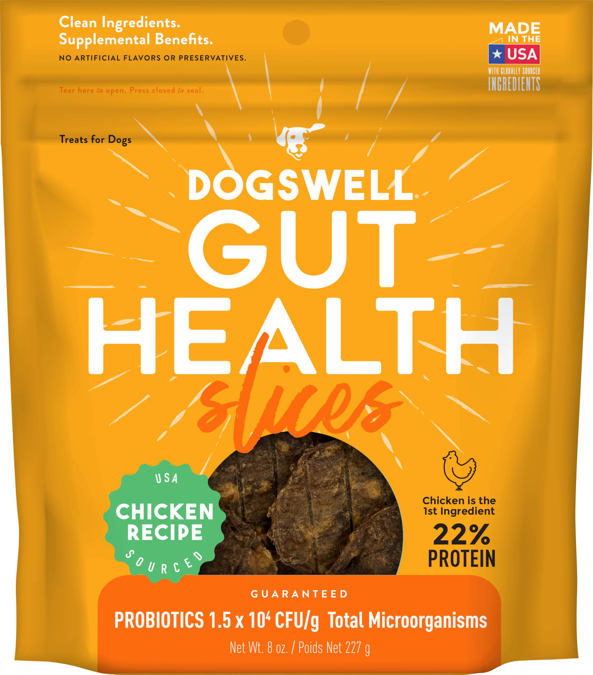Dogswell Gut Health Slices Chicken bag front: premium protein snack for daily rewards