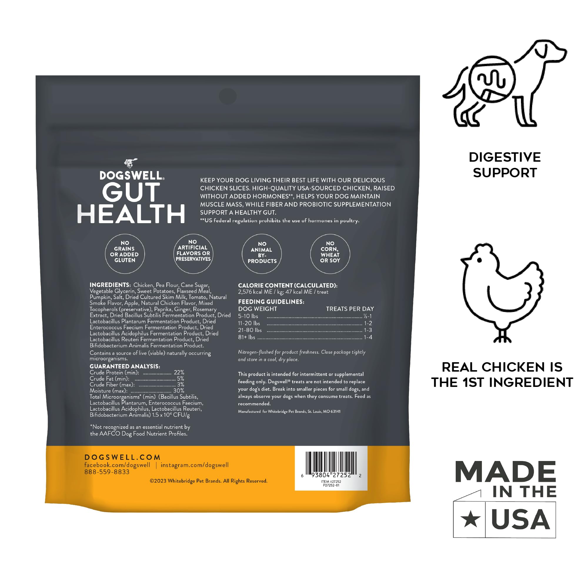 Dogswell Gut Health Slices Chicken ingredient list: grain-free probiotics and pumpkin