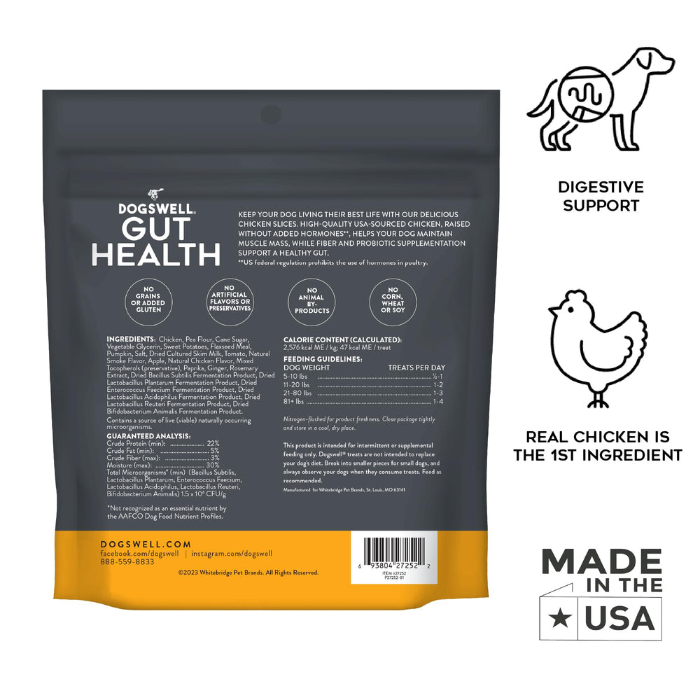 Dogswell Gut Health Slices Chicken ingredient list: grain-free probiotics and pumpkin
