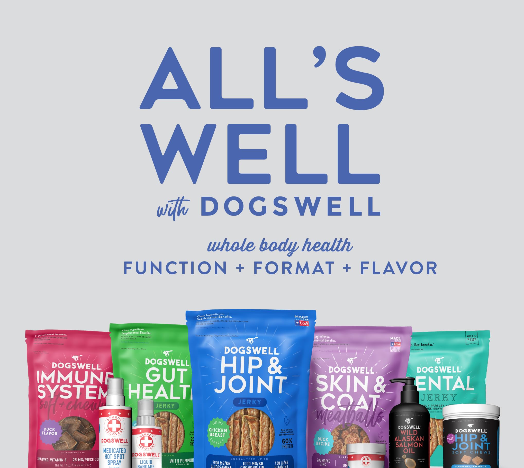 Dogswell Gut Health Slices Chicken label closeup: USA sourcing and hormone-free claim