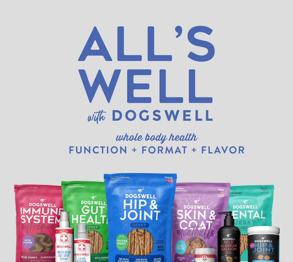Dogswell Gut Health Slices Chicken label closeup: USA sourcing and hormone-free claim