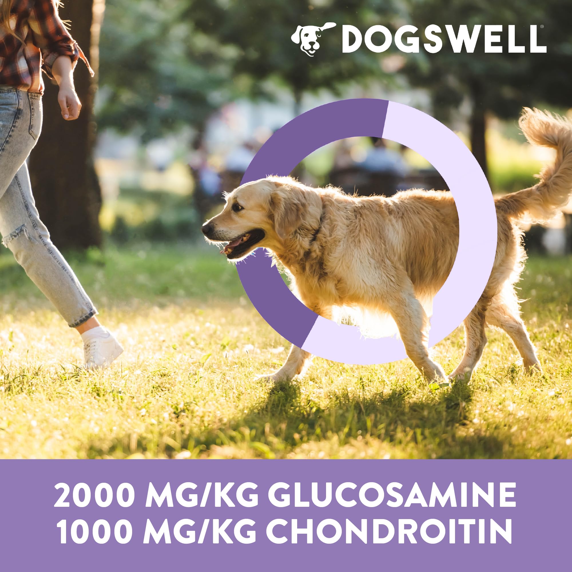 Dogswell high-protein chicken snack highlighted on label for active pups.