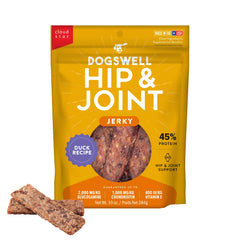 Dogswell Hip & Joint Duck Jerky pouch image showing real duck first ingredient for high-protein nutrition