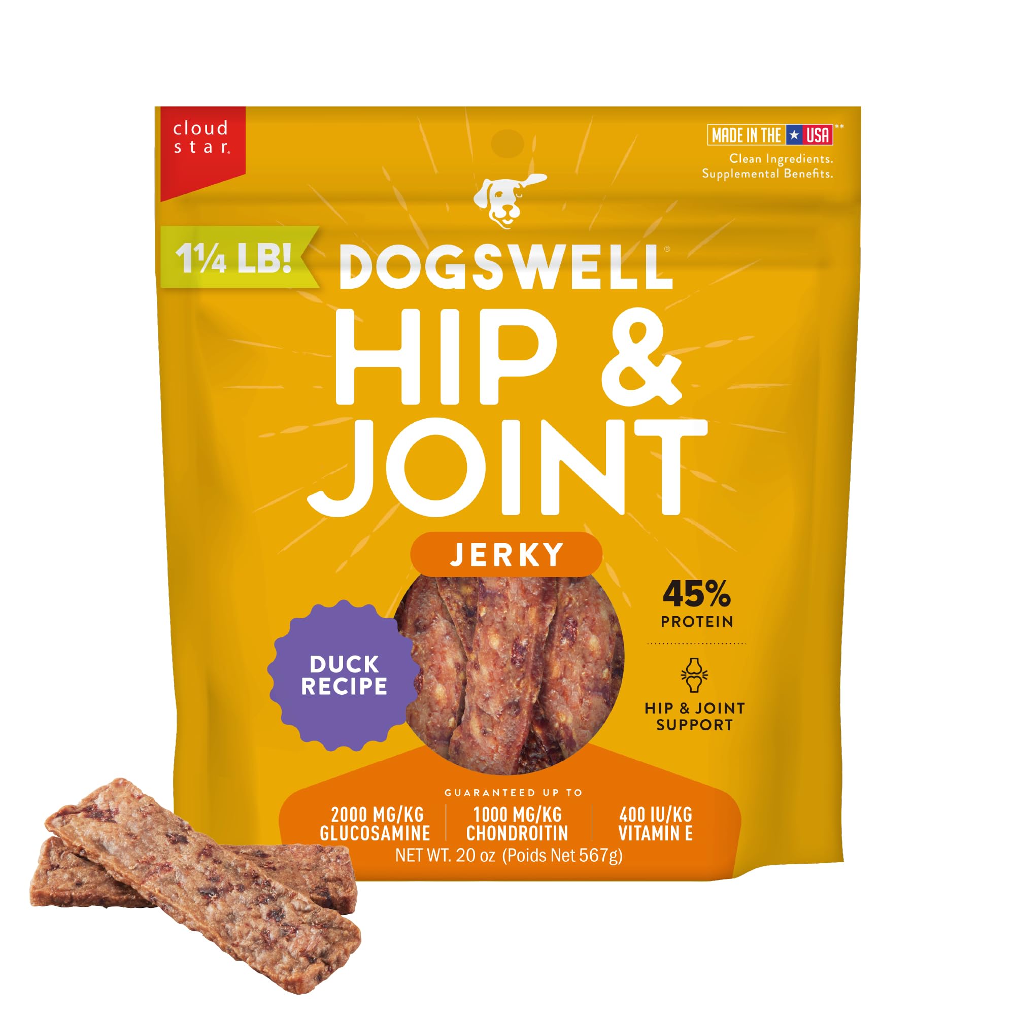Dogswell hip and joint duck treats in a 20 oz pouch for daily snacking.